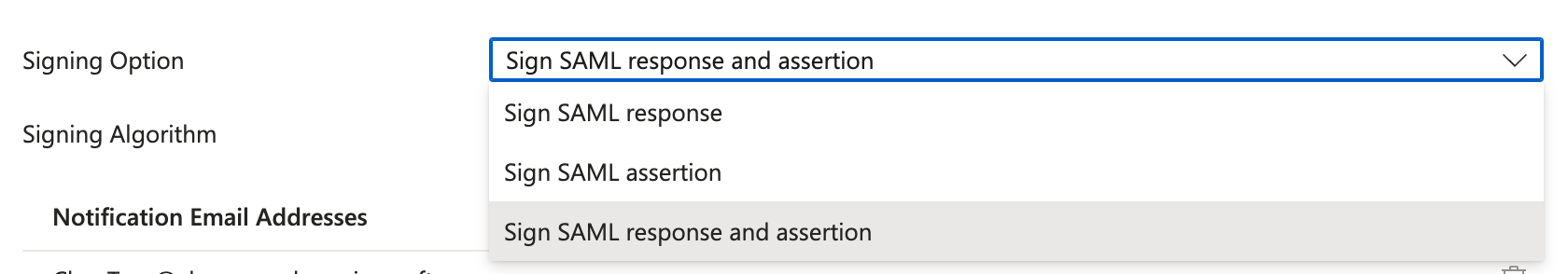 Select sign SAML response and assertion